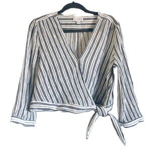 VIXBE Tie Front Top White Blue Tan Striped Size XL V-Neck Stretchy